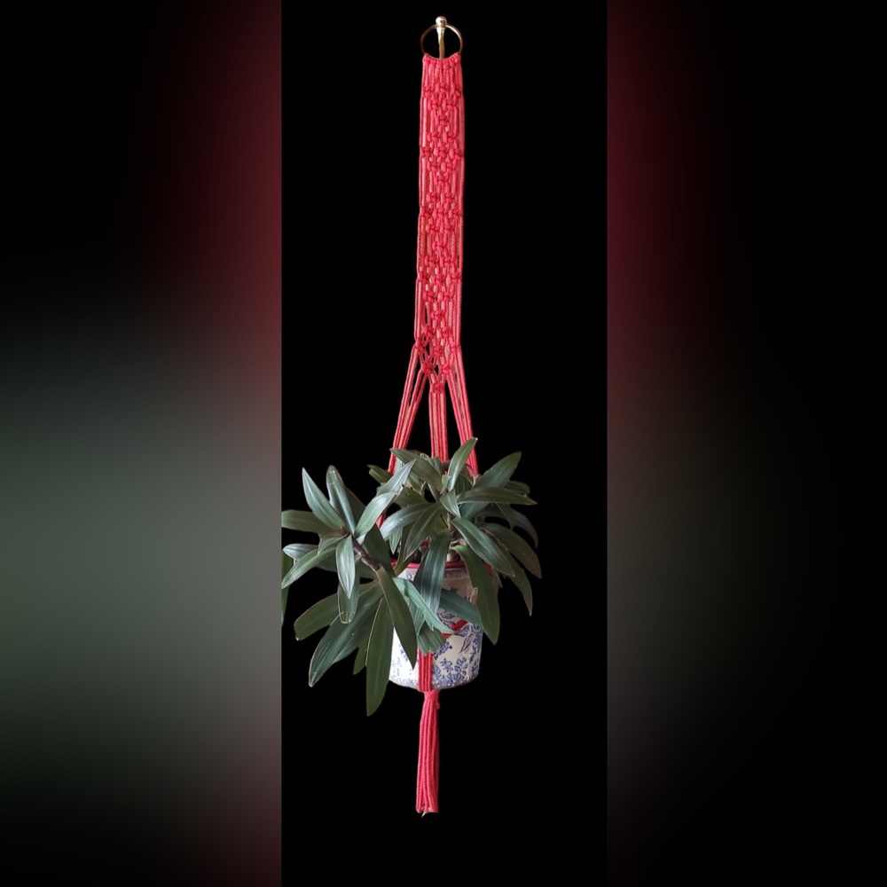 Handmade, red, wall hanging macrame plant hanger.
